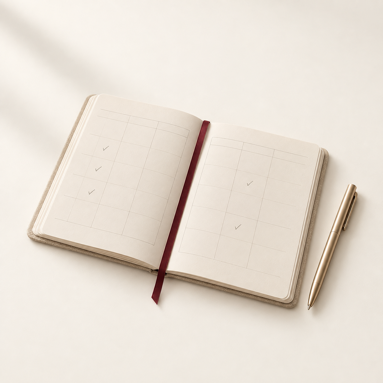 Planner aberto com uma caneta, sobre fundo marfim